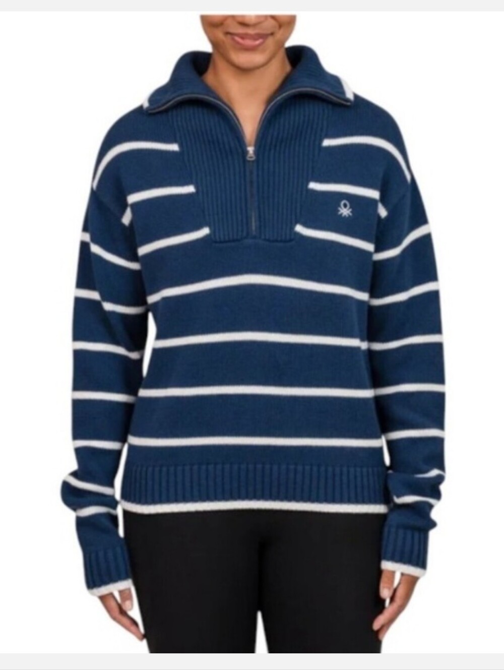 UNITED COLORS OF BENETTON | 1/4 Zip Sweater nautical Striped Blue White Sz S